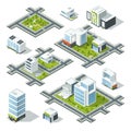 Isometric city 3d vector illustration with office buildings, skyscrapers. Trees and bushes on the street Royalty Free Stock Photo