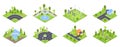 Isometric city environment elements. Urban city park, office buildings, park gardening, street roads and road signs 3d vector