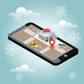 Isometric city. Flower delivering. Snow winter day. Waiting for a Christmas and New Year. Flowers. Mobile searching.