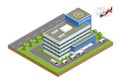 Isometric city hospital, helicopter and ambulance. There is a place for a helicopter on the roof. Health and medicine