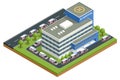 Isometric city hospital and a line of ambulances. There is a place for a helicopter on the roof. Health and medicine