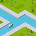 Isometric City industrial port with transport boat and naval ships