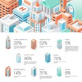 Isometric city infographic. Header with different buildings and Royalty Free Stock Photo