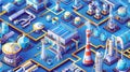 Isometric city infrastructure, megalopolis industrial and urban architecture buildings, fuel station, plant, spaceport