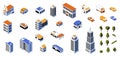 Isometric city kit. 3D buildings low poly constructor with cars and modern architecture. Business and residential houses