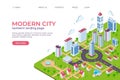 Isometric city landing page. 3D smart city concept with skyscrapers, business centers, streets and cars. Vector web page Royalty Free Stock Photo