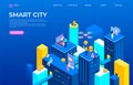 Isometric city landing page. Futuristic buildings transport and gadgets with people characters. Vector night technology