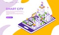 Isometric city landing page. Futuristic digital town with innovative buildings and technology. Vector 3D smart town