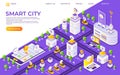 Isometric city landing page. Smart town concept with futuristic buildings and transport, vector global technology web Royalty Free Stock Photo