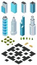 Isometric city map creation kit with buildings, roads, trees, bushes and car.