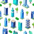 Isometric city modern seamless pattern with city buildings and trees vector illustration cityscape. Royalty Free Stock Photo