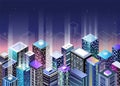Night city isometric vector illustration. Skyscrapers shining with bright neon lights Royalty Free Stock Photo