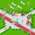 Isometric City Park with Bicycle Path. Active People Walking in Park. Vector