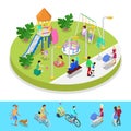 Isometric City Park Composition with Children Playground and Walking People. Outdoor Activity
