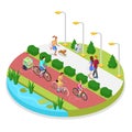 Isometric City Park Composition with Running Woman and Family on Bicycles. Outdoor Activity Royalty Free Stock Photo