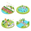 Isometric City Park Composition with Walking People and Cyclists. Outdoor Activity