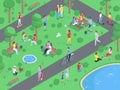 Isometric city park landscape with people doing outdoor activities. Public park summer active recreations vector