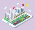 Isometric city with public transport on smartphone screen, flat vector illustration. Public transport routes mobile app. Royalty Free Stock Photo