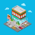 Isometric City Restaurant. Fast Food Cafe with Parking Zone. Vector