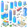 Isometric city scene generator creator vector design objects illustration. Skyscrapers buildings construction cars vehicles street Royalty Free Stock Photo