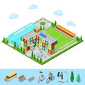 Isometric City. School Building with Swimming Pool and Football Ground