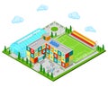 Isometric City. School Building with Swimming Pool and Football Ground