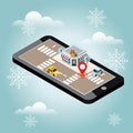 Isometric city. Searching Christmas and New Year childish gifts and toys. Snow winter day. Mobile searching. Geo