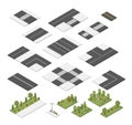 Isometric city streets elements, road modules design. Lawn and park parts, crossroad. Isolated town public zones, map