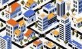 Isometric city. Top view of districts and roads. Cartoon buildings and highways. Facades of multistory houses or streets