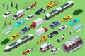 Isometric city transport with front and rear views. Trolley, plane, helicopter, bicycle, sedan, van, cargo truck, off