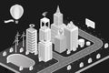 Isometric city vector illustration, black and white 3d cityscape background with modern bank hotel office buildings Royalty Free Stock Photo