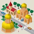 Isometric cityscape of buildings, temple, belfry, roadway, cars and people