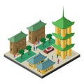 Isometric cityscape in east asia culture. Pagoda, buildings, trees, car and people