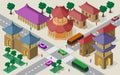 Isometric cityscape of east asian buildings, streets, pagoda, fortress towers, crossroad, cars, buses and people