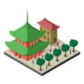 Isometric cityscape with oriental culture. Pagoda, building, trees alley and people