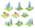 Isometric Cityscape with Skyscraper and Suburban Houses on Green Lawn Vector Set Royalty Free Stock Photo