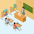 Isometric classroom with teacher and kids. High school vector illustration