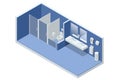 Isometric Clean Public Restroom Interior. Restroom with Cubicles and Sinks empty wc restroom interior with closed and