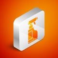 Isometric Cleaning spray bottle with detergent liquid icon isolated on orange background. Silver square button. Vector Royalty Free Stock Photo