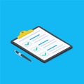 Isometric Clipboard with checklist symbol. Pad with sheet of paper and pen. Royalty Free Stock Photo