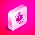 Isometric Clock with arrow icon isolated on pink background. Time symbol. Clockwise rotation icon arrow and time. Silver