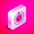 Isometric Clock with arrow icon isolated on pink background. Time symbol. Clockwise rotation icon arrow and time. Silver square