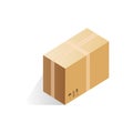 Isometric closed cardboard box of rectangular shape, duct taped parcel