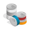 Isometric closed food tin cans with blank label on white