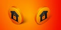 Isometric Closed warehouse icon isolated on orange background. Orange circle button. Vector