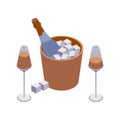 Isometric closeup scene with two wineglasses and sparkle wine bucket with cubes and bubbles isolated on white Royalty Free Stock Photo