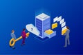 Isometric cloud computing concept represented by a server, with a cloud representation hologram concept. Data center Royalty Free Stock Photo