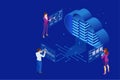 Isometric cloud computing concept represented by a server, with a cloud representation hologram concept. Data center Royalty Free Stock Photo