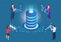 Isometric cloud computing concept represented by a server, with a cloud representation hologram concept. Data center Royalty Free Stock Photo