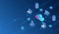 Isometric cloud computing and cybersecurity illustration with connected servers, laptops, mobile devices, and data centers, Royalty Free Stock Photo
